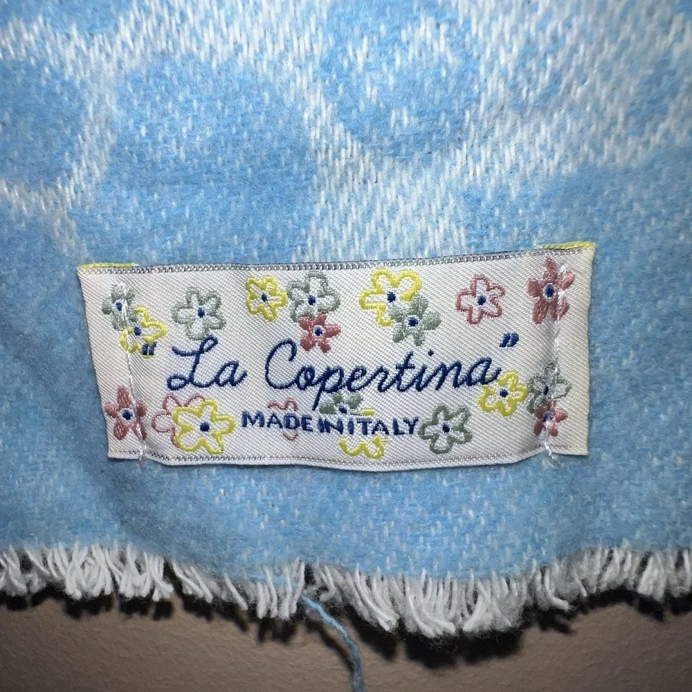 Baby Blanket Blue Teddy Bear La Copertina ITALY Cotton Blend Fringe Receiving